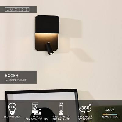 Lucide BOXER - Lampe de chevet / Applique mural - LED - 3000K - Point de rechargement USB - Noir